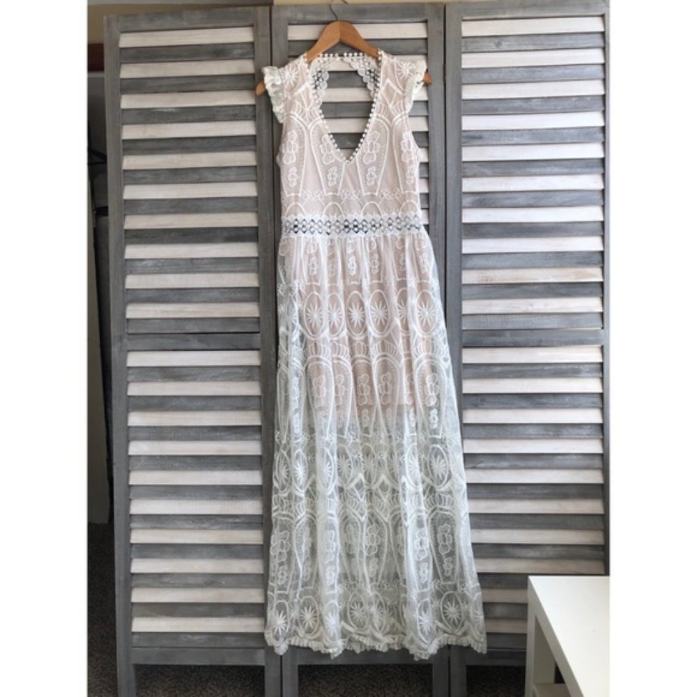 Boho Sheer Lace Maxi Dress, Nude Lining, Open Back